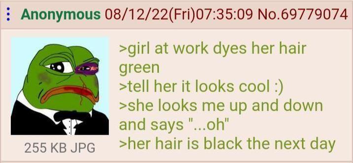 Anonymous 08/12/22(Fri) 07:35:09 No.69779074 255 KB JPG >girl at work dyes her hair green >tell her it looks cool :) >she looks me up and down and says "...oh" >her hair is black the next day