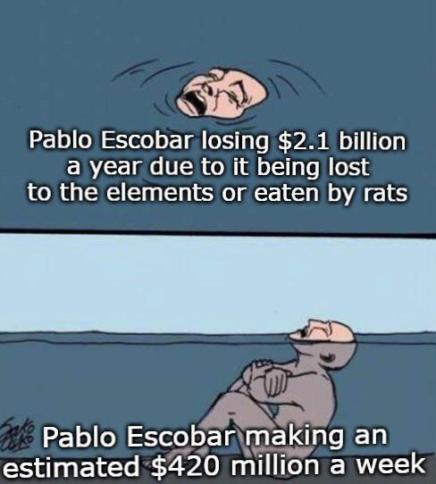 Pablo Escobar losing $2.1 billion a year due to it being lost to the elements or eaten by rats Pablo Escobar making an estimated $420 million a week