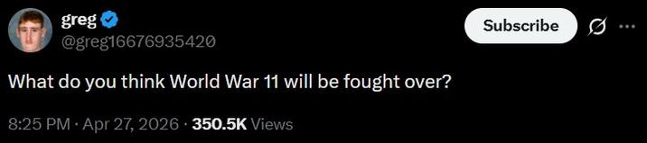 greg @greg16676935420 What do you think World War 11 will be fought over? 8:25 PM. Apr 27, 2026 350.5K Views Subscribe Ø