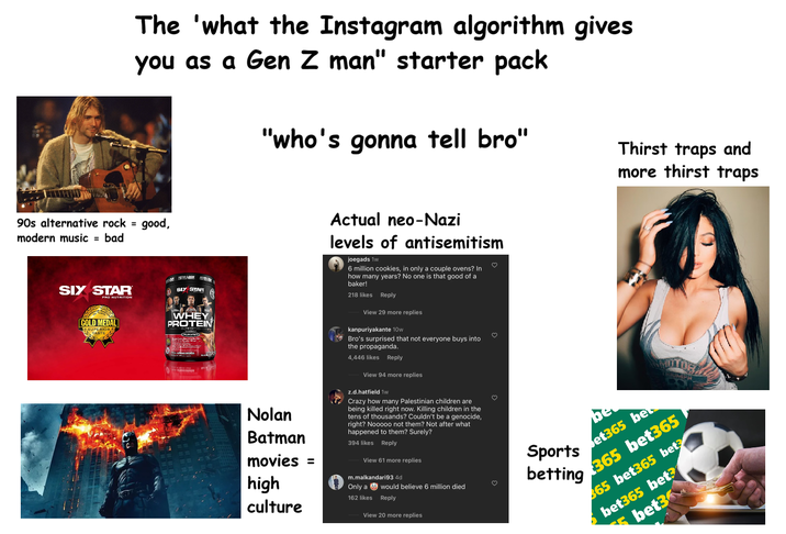 The 'what the Instagram algorithm gives you as a Gen Z man" starter pack "who's gonna tell bro" Thirst traps and more thirst traps 90s alternative rock = good, modern music = bad SIX STAR PRO NUTRITION GOLD MEDAL SIX STAR WHEY PROTEIN Nolan Batman movies = high culture Actual neo-Nazi levels of antisemitism joegads 1w 6 million cookies, in only a couple ovens? In how many years? No one is that good of a baker! 218 likes Reply View 29 more replies kanpuriyakante 10w Bro's surprised that not everyone buys into the propaganda. 4,446 likes Reply View 94 more replies z.d.hatfield 1w Crazy how many Palestinian children are being killed right now. Killing children in the tens of thousands? Couldn't be a genocide, right? Nooooo not them? Not after what happened to them? Surely? 394 likes Reply View 61 more replies m.malkandari93 4d Only a would believe 6 million died 162 likes Reply View 20 more replies ♡ ♡ Bet365 bet 365 bet365 Sports betting 365 bet365 bet? bet365 bet? bet36