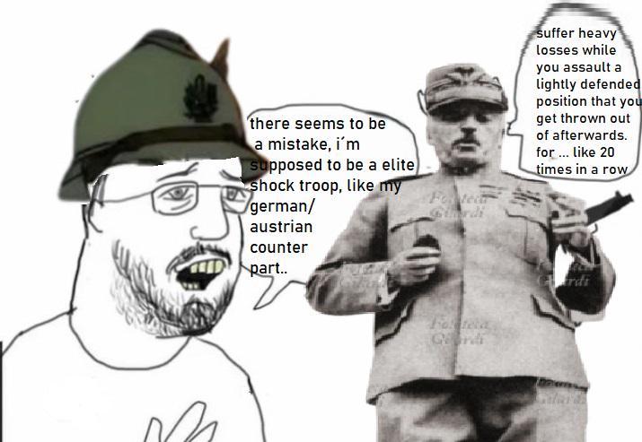 there seems to be a mistake, i'm supposed to be a elite shock troop, like my Fotech german/ austrian counter part.. suffer heavy losses while you assault a lightly defended position that you get thrown out of afterwards. for ... like 20 times in a row Grdi Fotera Gndi