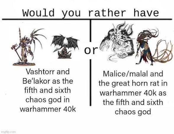 gfip.com Would you rather have Vashtorr and Be'lakor as the fifth and sixth chaos god in warhammer 40k or Malice/malal and the great horn rat in warhammer 40k as the fifth and sixth chaos god
