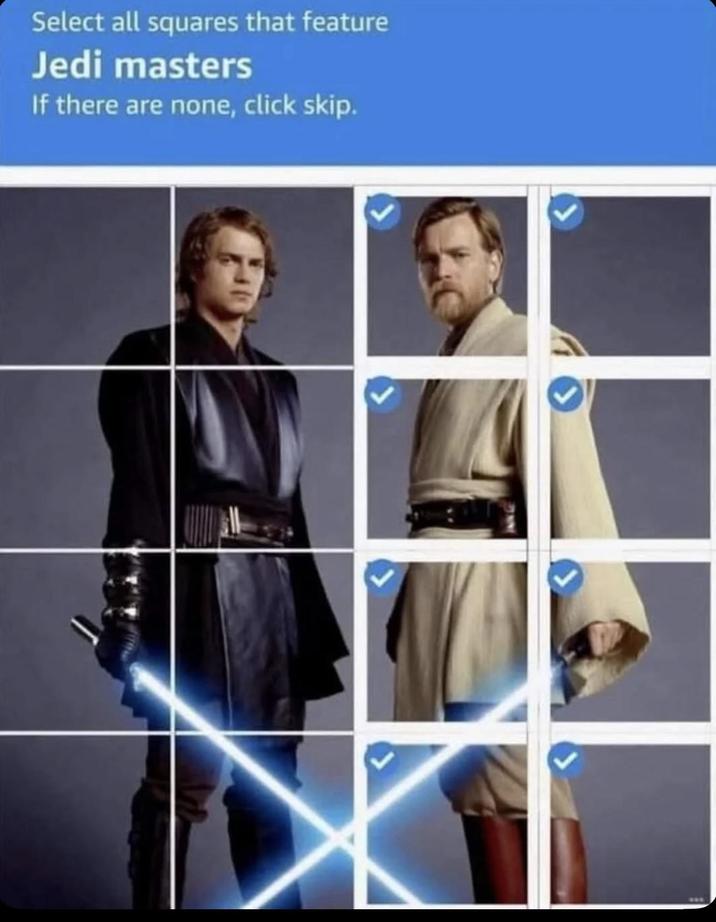 Select all squares that feature Jedi masters If there are none, click skip.