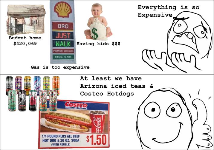 BRO Budget home $420,069 JUST WALK Having kids $$$ PREMIUM: GOOD LUCK DIESEL: TEARS Everything is so Expensive wwold ENERG EAL TO Gas is too expensive WHITE TOS Green Tea GINSENG STRAWBERR Black&Whit KCED TEA o AriZon iZon feed tea At least we have Arizona iced teas & Costco Hotdogs COSTCO WHOLESALE ca-Cola 1/4 POUND PLUS ALL BEEF HOT DOG & 20 OZ. SODA (WITH REFILLS) $1.50