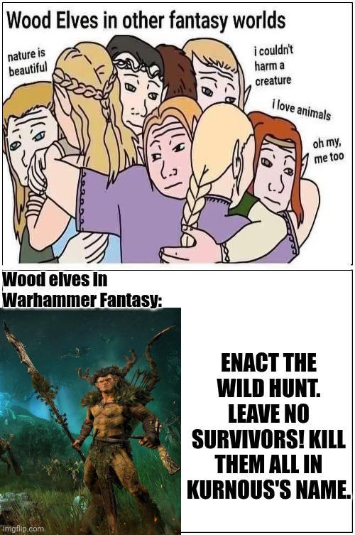 Wood Elves in other fantasy worlds nature is beautiful i couldn't harm a creature i love animals oh my, me too Wood elves in Warhammer Fantasy: ENACT THE WILD HUNT. LEAVE NO SURVIVORS! KILL THEM ALL IN KURNOUS'S NAME. imgflip.com