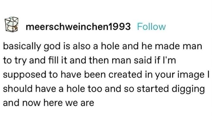 meerschweinchen1993 Follow basically god is also a hole and he made man to try and fill it and then man said if I'm supposed to have been created in your image | should have a hole too and so started digging and now here we are