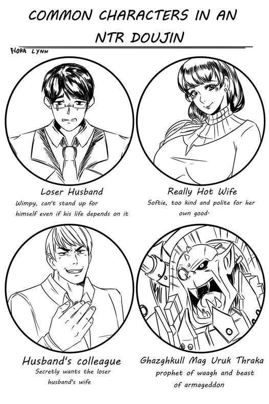 COMMON CHARACTERS IN AN NTR DOUJIN FLORA LYNN Loser Husband Wimpy, can't stand up for himself even if his life depends on it Really Hot Wife Softie, too kind and polite for her own good. Husband's colleague Secretly wants the loser husband's wife Ghazghkull Mag Uruk Thraka prophet of waagh and beast of armageddon