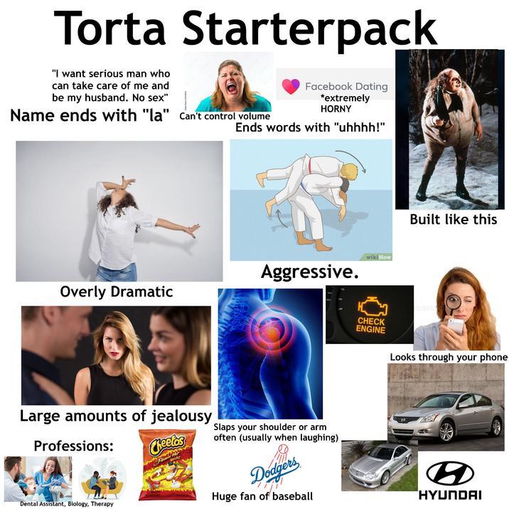 Torta Starterpack "I want serious man who can take care of me and be my husband. No sex" Name ends with "la" Can't control volume Facebook Dating *extremely HORNY Ends words with "uhhhh!" Aggressive. Overly Dramatic Large amounts of jealousy Professions: Cheetos Flamin Hot Crunchy NES WEAR ALL Dental Assistant, Biology, Therapy Slaps your shoulder or arm often (usually when laughing) Dodgers Huge fan of baseball wiki How Built like this CHECK ENGINE Looks through your phone HYUNDAI