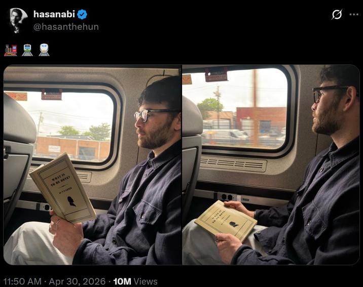 A Twitter post by Hasan Piker sharing photos of him reading a Lenin book on a train. These were posted on April 30th, 2026.