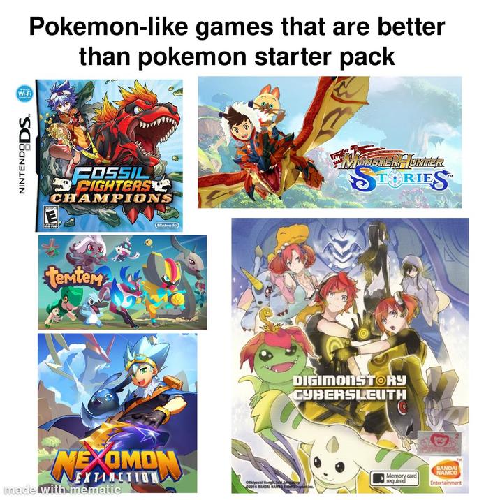 Wi-Fi NINTENDODS Pokemon-like games that are better than pokemon starter pack COSSIL CIGHTERS CHAMPIONS EVERYONE E femtem NEXOMON NEXTINCTION made with mematic Nintendo MONSTER HUNTER STORIES™ DIGINONSTORY CYBERSLEUTH OAkiyoshi Hongo, Jobs 2016 BANDAI NAMSQ Entertainpent Inc. Memory card required BANDAI NAMCO Entertainment