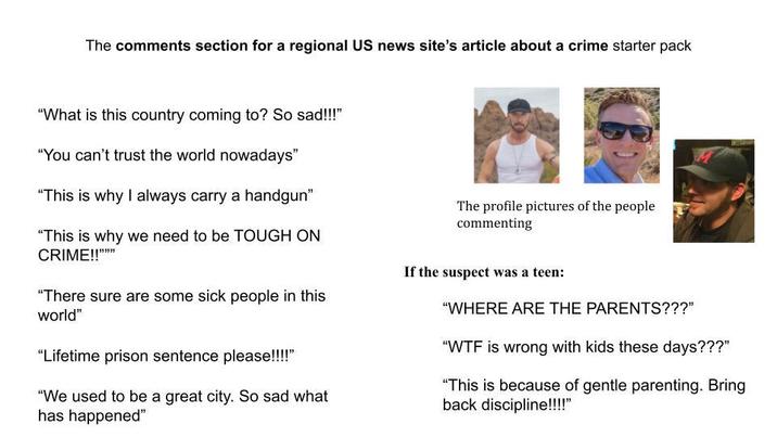 The comments section for a regional US news site's article about a crime starter pack "What is this country coming to? So sad!!!" "You can't trust the world nowadays" "This is why I always carry a handgun" "This is why we need to be TOUGH ON CRIME!!""" "There sure are some sick people in this world" "Lifetime prison sentence please!!!!" "We used to be a great city. So sad what has happened" The profile pictures of the people commenting If the suspect was a teen: "WHERE ARE THE PARENTS???" "W-- is wrong with kids these days???" "This is because of gentle parenting. Bring back discipline!!!!"
