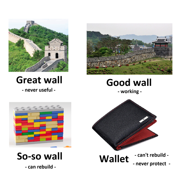 Great wall - never useful - Good wall - working - So-so wall - can rebuild - Wallet - can't rebuild - - never protect -