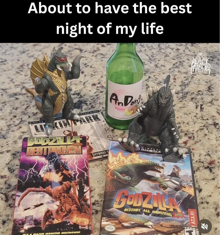 About to have the best night of my life LIKIM PARK CODZILLA DESTOROYAH HYBRID T An Don PEACH N MEE WS A MAJOR MONSTER MELTDOWN! GODZIER DESTROY ALL MONSTERS ME ATARI