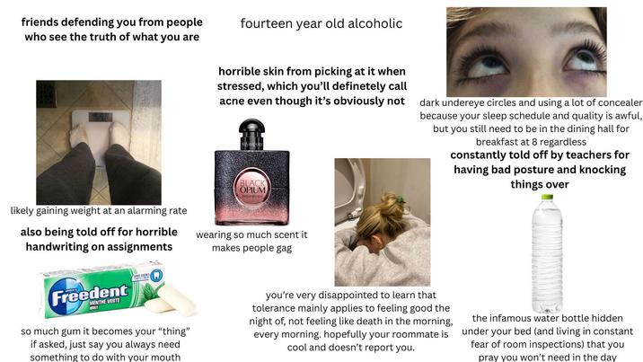 friends defending you from people who see the truth of what you are fourteen year old alcoholic horrible skin from picking at it when stressed, which you'll definetely call acne even though it's obviously not WESSAINT AURENT BLACK OPIUM MESSAINAURENT dark undereye circles and using a lot of concealer because your sleep schedule and quality is awful, but you still need to be in the dining hall for breakfast at 8 regardless constantly told off by teachers for having bad posture and knocking things over likely gaining weight at an alarming rate also being told off for horrible handwriting on assignments Freedent MENTHE VERTE MINT SANS SUCRES wearing so much scent it makes people gag so much gum it becomes your "thing" if asked, just say you always need something to do with your mouth you're very disappointed to learn that tolerance mainly applies to feeling good the night of, not feeling like death in the morning, every morning. hopefully your roommate is cool and doesn't report you. the infamous water bottle hidden under your bed (and living in constant fear of room inspections) that you pray you won't need in the day