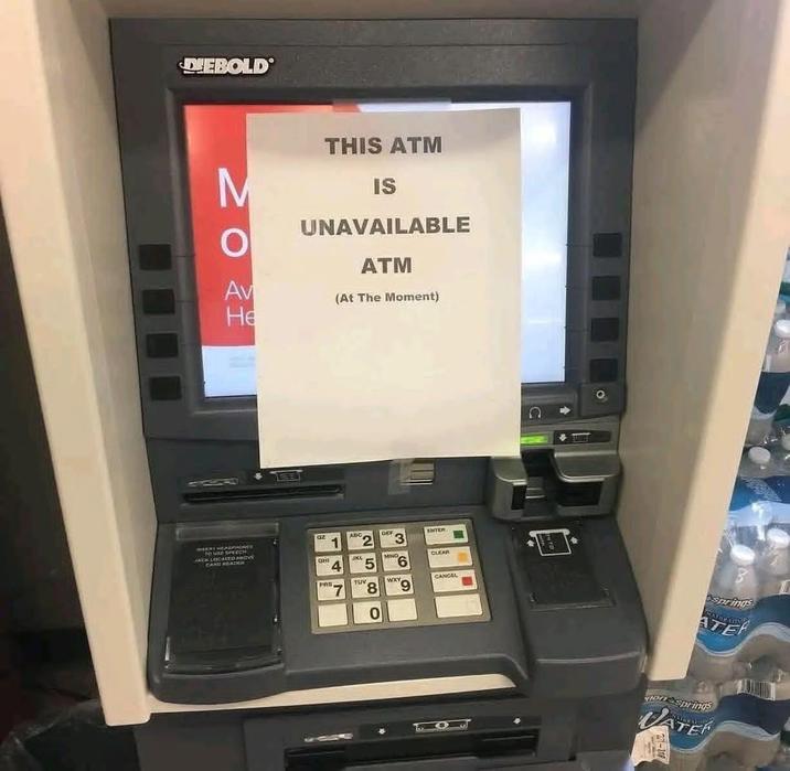DEBOLD M NO ΟΙ Av He THIS ATM IS UNAVAILABLE ATM (At The Moment) az INSERT HEADPHONES TO USE SPEECH ABC 2 DEF 3 JACK LOCATED ABOVE CARD HEADER GRI POS 4 7 TUV 8 0 EXTER MNO 6 CLEAR CANCEL O springs ATE non Springs VATER