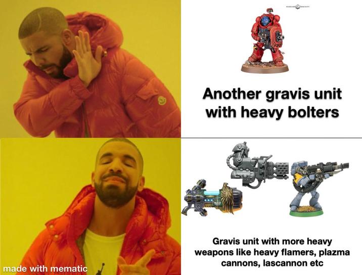 Another gravis unit with heavy bolters made with mematic Gravis unit with more heavy weapons like heavy flamers, plazma cannons, lascannon etc