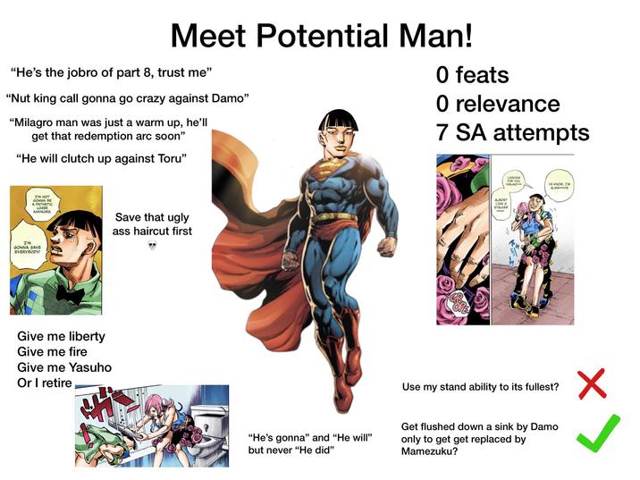 Meet Potential Man! "He's the jobro of part 8, trust me" "Nut king call gonna go crazy against Damo❞ "Milagro man was just a warm up, he'll get that redemption arc soon" "He will clutch up against Toru" 0 feats 0 relevance 7 SA attempts I'M NOT GONNA BE A PATHETIC LOSER ANYMORE. I'M GONNA SAVE EVERYBODY! Save that ugly ass haircut first Give me liberty Give me fire Give me Yasuho Or I retire ALMOST LIKE A STALKER LOOKING FOR YOU, YASLIHO YA KNOW, I'M ALWAYS Use my stand ability to its fullest? "He's gonna" and "He will" but never "He did❞ Get flushed down a sink by Damo only to get get replaced by Mamezuku?