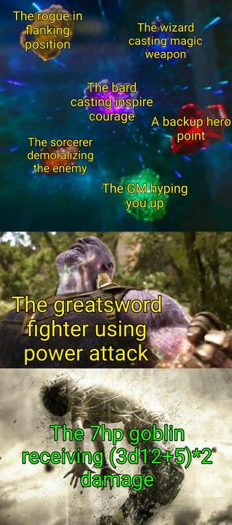 The rogue in flanking position The wizard casting magic weapon The bard casting inspire courage The sorcerer demoralizing the enemy A backup hero point The GM hyping you up The greatsword fighter using power attack The 7hp goblin receiving (3d12+5)*2 damage