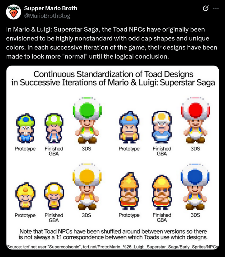 Supper Mario Broth @MarioBrothBlog 0 In Mario & Luigi: Superstar Saga, the Toad NPCs have originally been envisioned to be highly nonstandard with odd cap shapes and unique colors. In each successive iteration of the game, their designs have been made to look more "normal" until the logical conclusion. Continuous Standardization of Toad Designs in Successive Iterations of Mario & Luigi: Superstar Saga IK Prototype Finished 3DS Prototype GBA Finished GBA 3DS Prototype Finished 3DS GBA Prototype Finished 3DS GBA Note that Toad NPCs have been shuffled around between versions so there is not always a 1:1 correspondence between which Toads use which designs. Source: tcrf.net user "Supercoolsonic", tcrf.net/Proto:Mario_%26_Luigi: _Superstar_Saga/Early_Sprites/NPCs