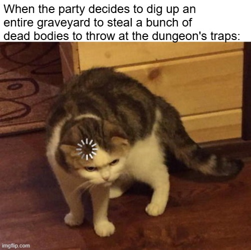 When the party decides to dig up an entire graveyard to steal a bunch of dead bodies to throw at the dungeon's traps: imgflip.com