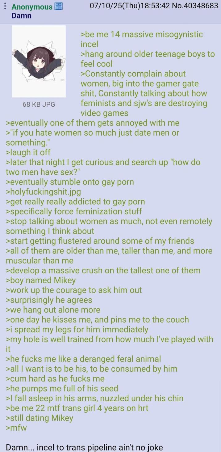 : Anonymous Damn 68 KB JPG 07/10/25(Thu)18:53:42 No.40348683 >be me 14 massive misogynistic incel >hang around older teenage boys to feel cool >Constantly complain about women, big into the gamer gate s---, Constantly talking about how feminists and sjw's are destroying video games >eventually one of them gets annoyed with me >"if you hate women so much just date men or something." >laugh it off >later that night I get curious and search up "how do two men have sex?" >eventually stumble onto gay p--- >holyfuckingshit.jpg >get really really addicted to gay p--- >specifically force feminization stuff >stop talking about women as much, not even remotely something I think about >start getting flustered around some of my friends >all of them are older than me, taller than me, and more muscular than me >develop a massive crush on the tallest one of them >boy named Mikey >work up the courage to ask him out >surprisingly he agrees >we hang out alone more >one day he kisses me, and pins me to the couch >i spread my legs for him immediately >my hole is well trained from how much I've played with it >he f---- me like a deranged feral animal >all I want is to be his, to be consumed by him >c-- hard as he f---- me >he pumps me full of his seed >I fall asleep in his arms, nuzzled under his chin >be me 22 mtf trans girl 4 years on hrt >still dating Mikey >mfw Damn... incel to trans pipeline ain't no joke