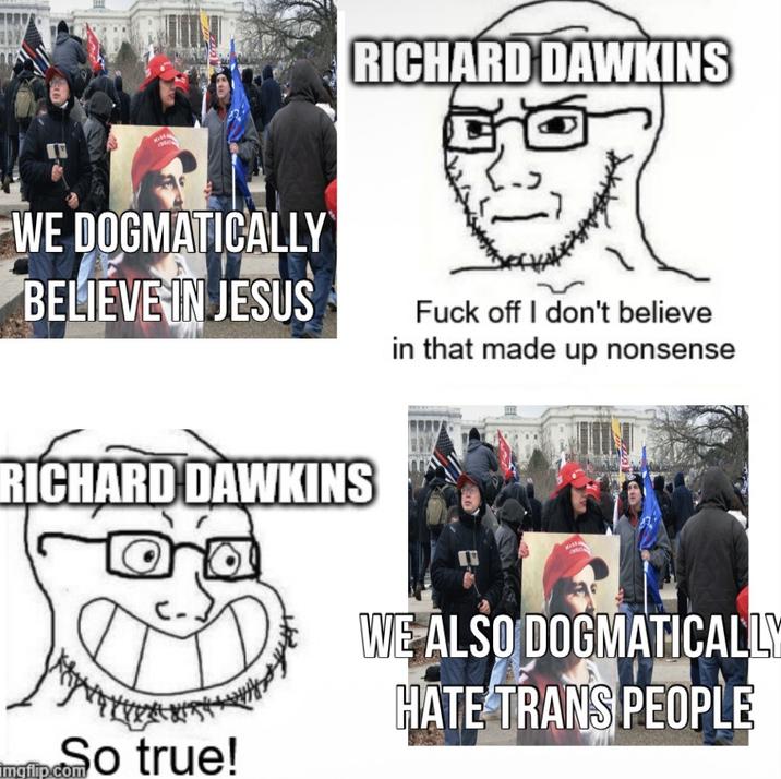 RICHARD DAWKINS WE DOGMATICALLY BELIEVE IN JESUS F--- off I don't believe in that made up nonsense RICHARD DAWKINS So true! imgflip.com WE ALSO DOGMATICALLY HATE TRANS PEOPLE