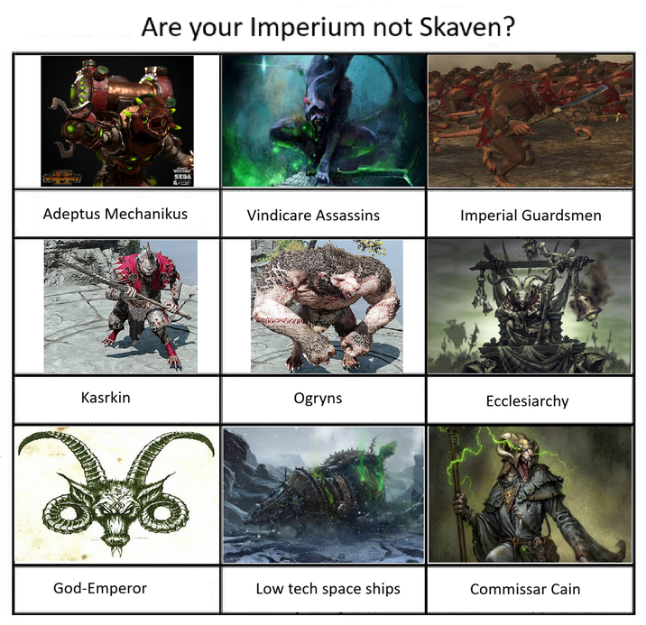 WARHAMMER Are your Imperium not Skaven? SEGA MAN Adeptus Mechanikus Vindicare Assassins Imperial Guardsmen Kasrkin Ogryns Ecclesiarchy 256 God-Emperor Low tech space ships Commissar Cain
