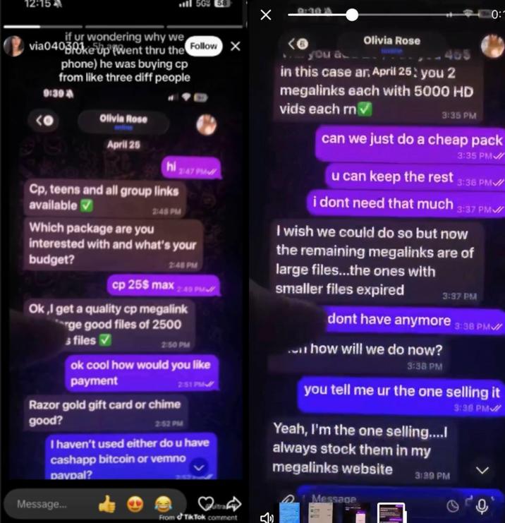 Screenshots that allegedly show Hullo buying CSAM material over DM. He asks for something that costs "$25 max."