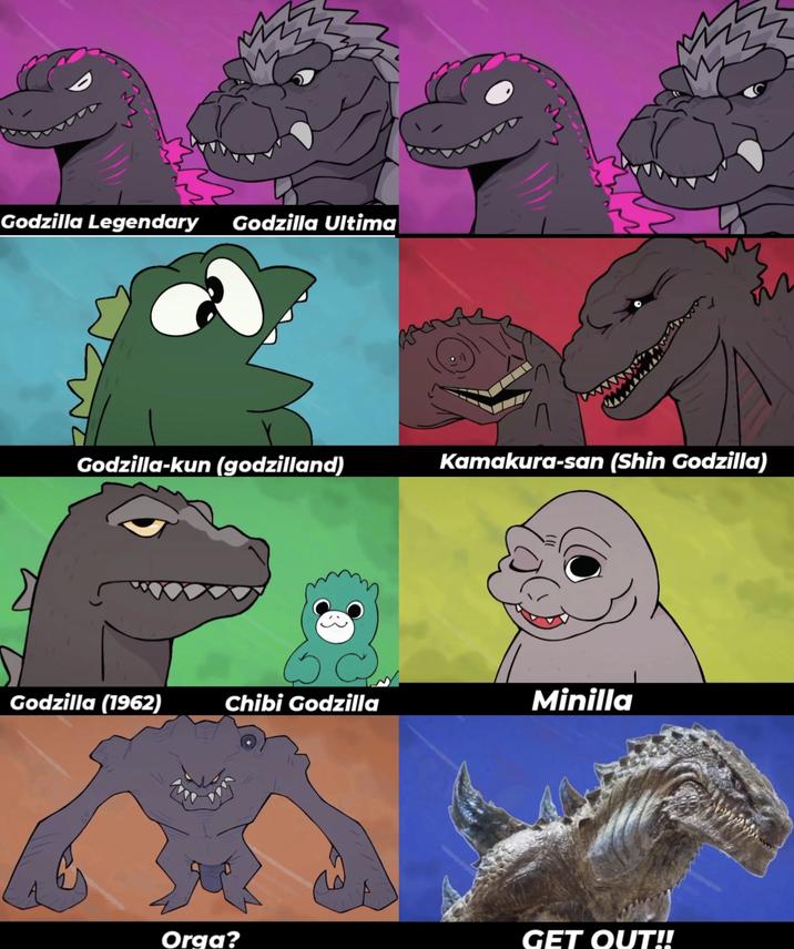 Godzilla Legendary Godzilla Ultima Godzilla-kun (godzilland) Kamakura-san (Shin Godzilla) Godzilla (1962) Chibi Godzilla Minilla Orga? GET OUT!!