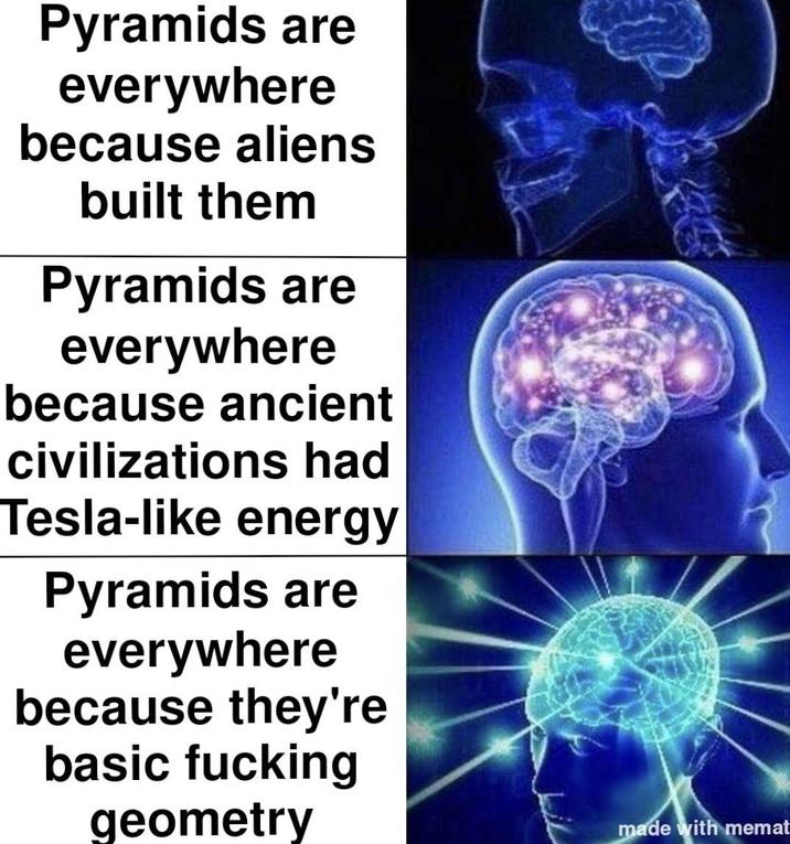 Pyramids are everywhere because aliens built them Pyramids are everywhere because ancient civilizations had Tesla-like energy Pyramids are everywhere because they're basic f------ geometry made with memat