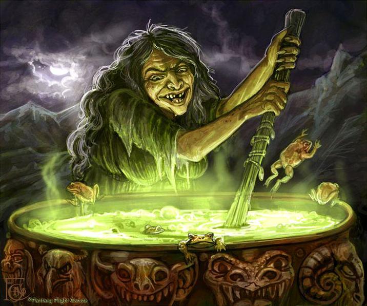 A painting of a witch stirring a cauldron. The witch, or crone, is from the Talisman expansion Highlands.