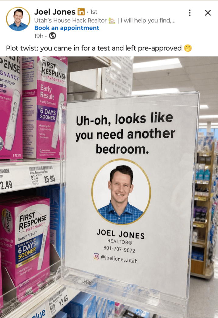 Joel Jones in ⚫ 1st Utah's House Hack Realtor | I will help you find,... Book an appointment 19h • Plot twist: you came in for a test and left pre-approved PENSE GNANCY moduk tess nite res dorterbet 36 radenddess 2869 JeffSBCRIS anocreatio h bro Cocardia pend room discstrat assessinad ented WILDL lebechhoe abcholod coa nadordob Sumreta acra C www tries К D unstber ghoolpad 3 TESTS bron new. COLORECTA FIRST RESPONS PREGNANCY Early Result Fastly create 6 DAYS SOONER Hongecated boopadas Gochiy poet patins 100 ber R Uh-oh, looks like you need another bedroom. : X ue 2.49 Thos First Response Test 87.0 DEYM PROM 10 25.99 95 FIRSPONSE arly Result Ly Result dont Baldbotnards FIRST RESPONSE PREGNANCY EARLY RESULT EARLY RESCILLY 6 DAYS SOONER Hosted ent Early biod Darby bapay B12595 Hotstoolne te wwwner JOEL JONES REALTOR® 801-707-9072 @joeljones.utah lue First Response Test 87.0 13.49 So