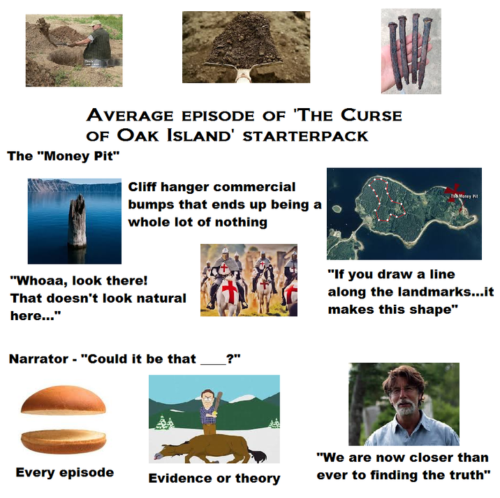 Stock AVERAGE EPISODE OF 'The CursE OF OAK Island' STARTERPACK The "Money Pit" Cliff hanger commercial bumps that ends up being a whole lot of nothing "Whoaa, look there! That doesn't look natural here..." Narrator - "Could it be that ?" The Money Pit "If you draw a line along the landmarks...it makes this shape" Every episode Evidence or theory "We are now closer than ever to finding the truth"