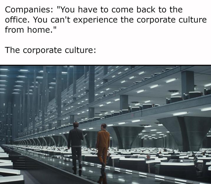 Companies: "You have to come back to the office. You can't experience the corporate culture from home." The corporate culture:
