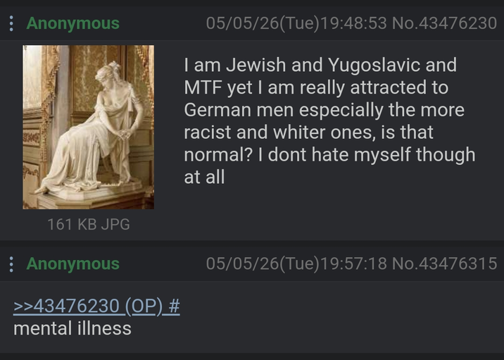 : Anonymous 161 KB JPG Anonymous >>43476230 (OP) # mental illness 05/05/26(Tue)19:48:53 No.43476230 I am Jewish and Yugoslavic and MTF yet I am really attracted to German men especially the more racist and whiter ones, is that normal? I dont hate myself though at all 05/05/26(Tue)19:57:18 No.43476315