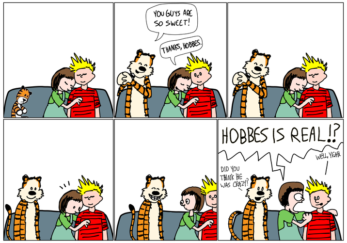 11/ 70 ט ๑ YOU GUYS ARE SO SWEET! THANKS, HOBBES. HOBBES IS REAL!? WELL, YEAH. DID YOU THINK HE WAS CRAZY? 00 07