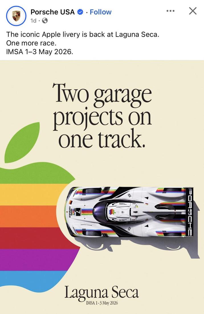 Porsche USA Follow 1d. • The iconic Apple livery is back at Laguna Seca. One more race. IMSA 1–3 May 2026. Two garage projects on one track. 7 computer PORSCHE Laguna Seca IMSA 1-3 May 2026