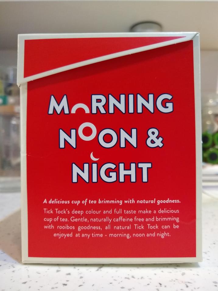 MORNING NOON & NIGHT A delicious cup of tea brimming with natural goodness. Tick Tock's deep colour and full taste make a delicious cup of tea. Gentle, naturally caffeine free and brimming with rooibos goodness, all natural Tick Tock can be enjoyed at any time - morning, noon and night.