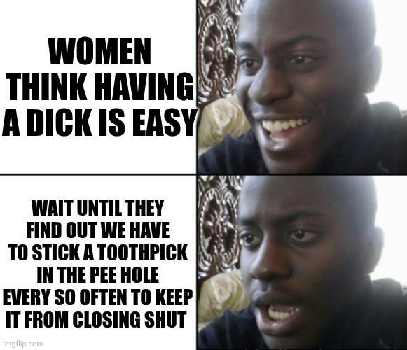 WOMEN THINK HAVING A D--- IS EASY WAIT UNTIL THEY FIND OUT WE HAVE TO STICK A TOOTHPICK IN THE PEE HOLE EVERY SO OFTEN TO KEEP IT FROM CLOSING SHUT imgflip.com
