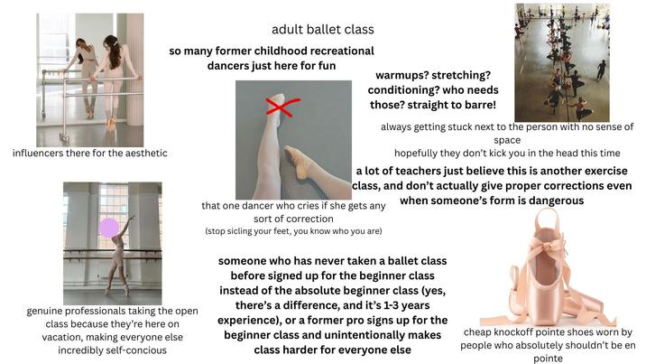 influencers there for the aesthetic adult ballet class so many former childhood recreational genuine professionals taking the open class because they're here on vacation, making everyone else incredibly self-concious dancers just here for fun warmups? stretching? conditioning? who needs those? straight to barre! always getting stuck next to the person with no sense of space hopefully they don't kick you in the head this time a lot of teachers just believe this is another exercise class, and don't actually give proper corrections even when someone's form is dangerous that one dancer who cries if she gets any sort of correction (stop sicling your feet, you know who you are) someone who has never taken a ballet class before signed up for the beginner class instead of the absolute beginner class (yes, there's a difference, and it's 1-3 years experience), or a former pro signs up for the beginner class and unintentionally makes class harder for everyone else cheap knockoff pointe shoes worn by people who absolutely shouldn't be en pointe