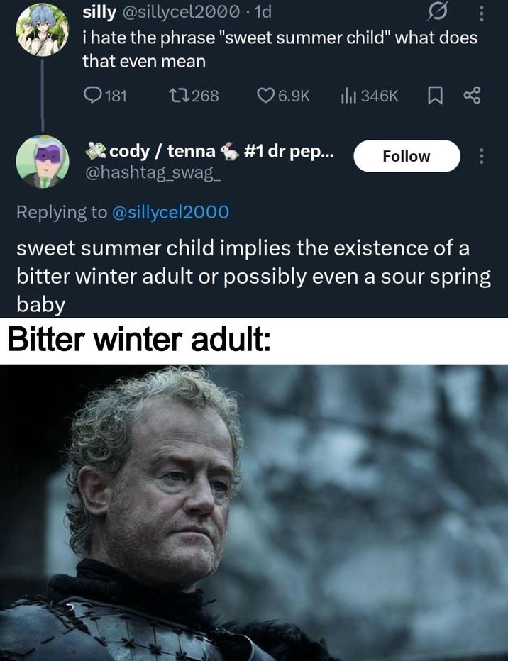 silly @sillycel2000. 1d 0 i hate the phrase "sweet summer child" what does that even mean 181 17268 6.9K 346K ☐ □ % cody/tenna #1 dr pep... Follow @hashtag_swag Replying to @sillycel2000 sweet summer child implies the existence of a bitter winter adult or possibly even a sour spring baby Bitter winter adult: