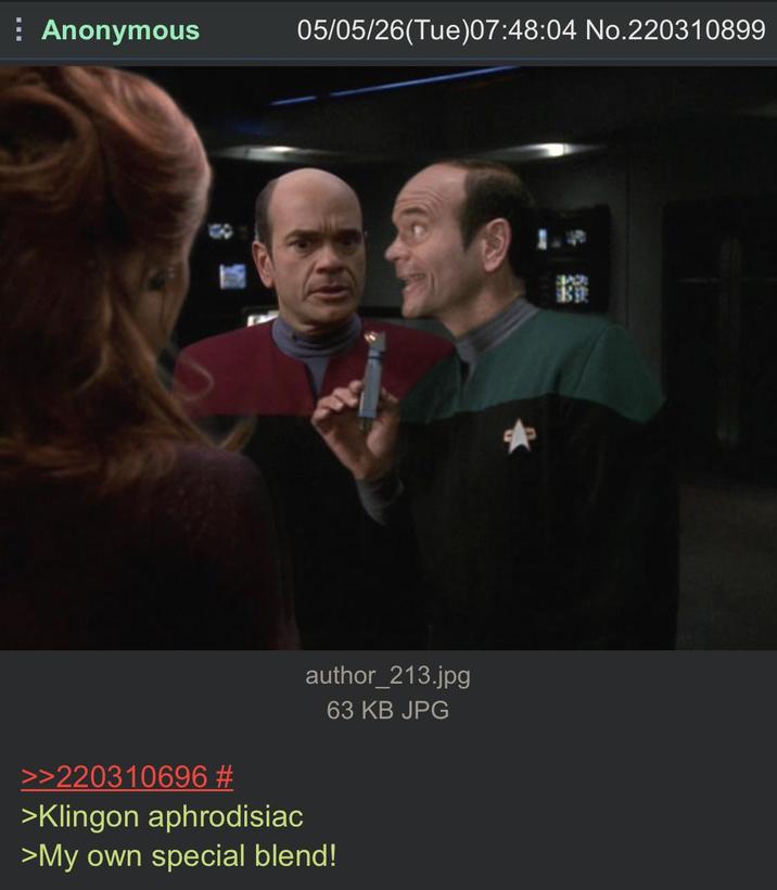 Anonymous 05/05/26(Tue)07:48:04 No.220310899 >>220310696 # >Klingon aphrodisiac author_213.jpg 63 KB JPG >My own special blend!