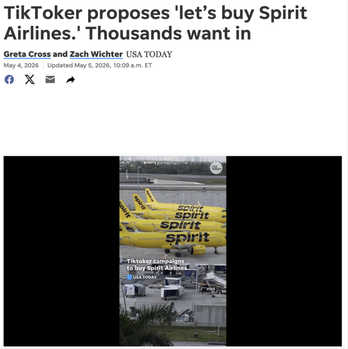 TikToker proposes 'let's buy Spirit Airlines.' Thousands want in Greta Cross and Zach Wichter USA TODAY May 4, 2026 Updated May 5, 2026, 10:09 a.m. ET Є X ☑ spirit spirit pirit Spirit Spirit Spirit Spirit Tiktoker campaigns to buy Spirit Airlines USA TODAY USA TODAY