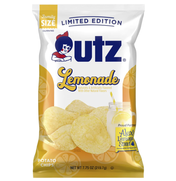 Family SIZE LIMITED EDITION GLUTEN FREE Cutz Lemonade Naturally& Artificially Flavored With Other Natural Flavors Enlarged to show fexture POTATO CHIPS NET WT 7.75 OZ (219.7g) Proud Partne Alex Lemona Stand Foundation for Childhood Carcer