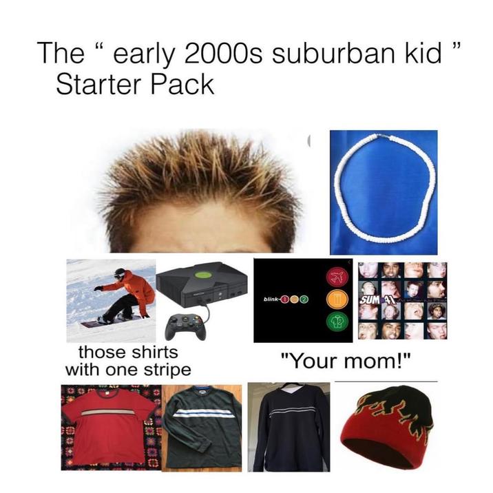 The "early 2000s suburban kid Starter Pack blink- SUMA those shirts with one stripe "Your mom!" "