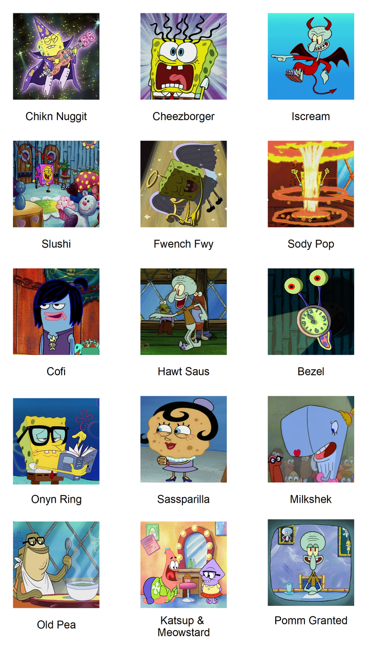 *Source episodes in order:*

The SpongeBob SquarePants Movie
Graveyard Shift
Sportz?
Bossy Boots
Patty Hype
Squilliam Returns
Mall Girl Pearl
Fools in April
Procrastination
Tea at the Treedome
BlackJack
The Chaperone
There's a Sponge in My Soup
Squidina's Little Helper
Tentacle-Vision