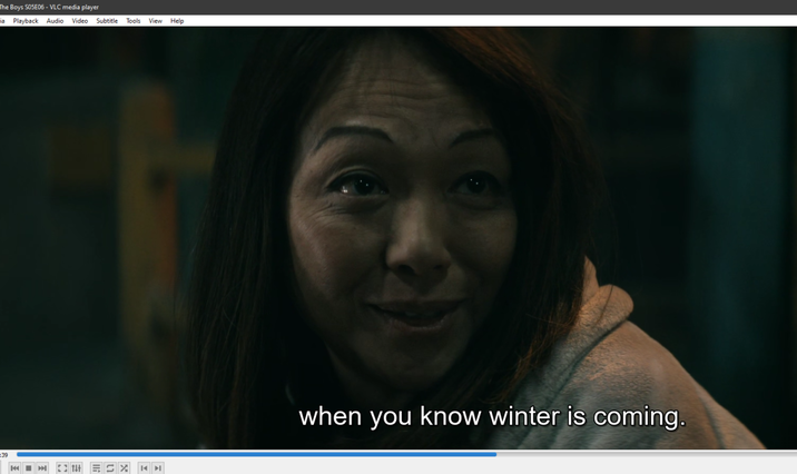 The Boys S05E06 - VLC media player ia Playback Audio Video Subtitle Tools View Help :39 K▸ when you know winter is coming.