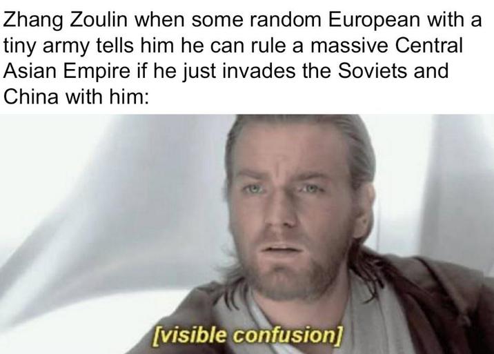 Zhang Zoulin when some random European with a tiny army tells him he can rule a massive Central Asian Empire if he just invades the Soviets and China with him: 151 [visible confusion]