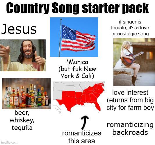 Country Song starter pack Jesus if singer is female, it's a love or nostalgic song beer, whiskey, tequila imgflip.com 'Murica (but f-- New York & Cali) love interest returns from big city for farm boy T romanticizes romanticizing backroads this area