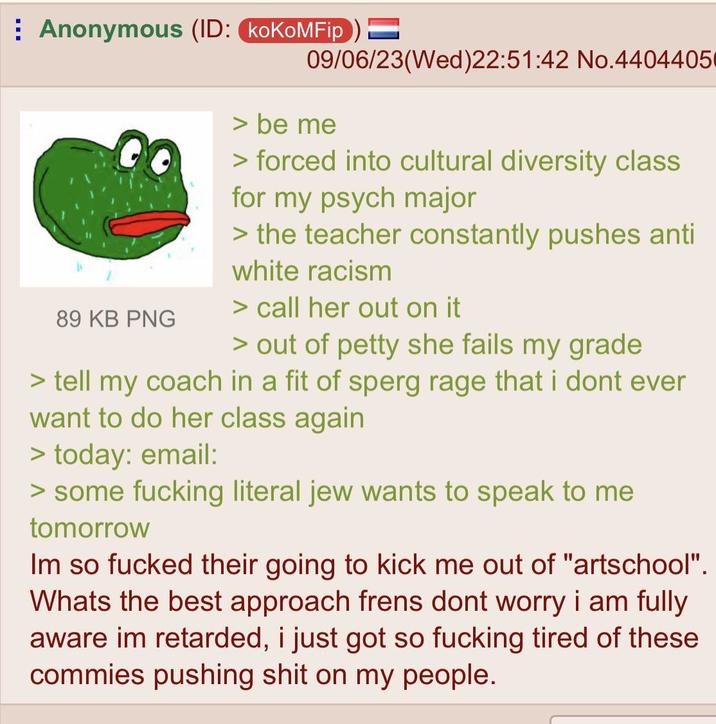 ⠀ Anonymous (ID: koKoMFip) = 09/06/23(Wed)22:51:42 No.4404405 89 KB PNG > be me > forced into cultural diversity class for my psych major > the teacher constantly pushes anti white racism > call her out on it > out of petty she fails my grade > tell my coach in a fit of sperg rage that i dont ever want to do her class again > today: email: > some f------ literal jew wants to speak to me tomorrow Im so f----- their going to kick me out of "artschool". Whats the best approach frens dont worry i am fully aware im retarded, i just got so f------ tired of these commies pushing s--- on my people.